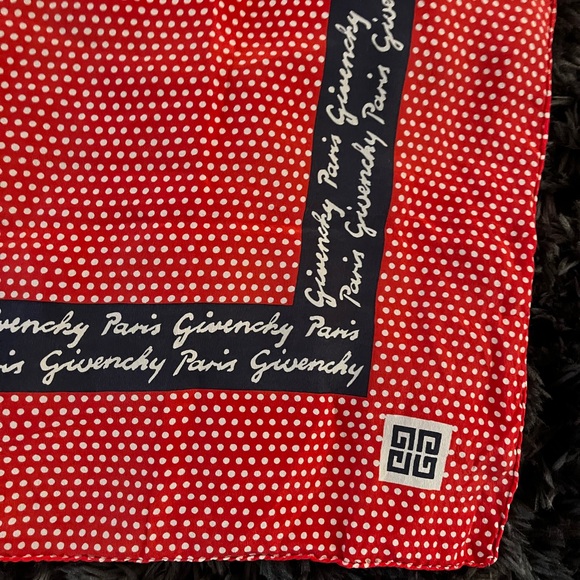 Givenchy Vintage Red Blue Silk Logo Scarf - Picture 11 of 13